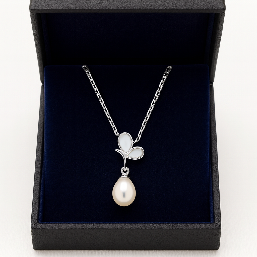 925 Silver Pearl Drop Butterfly Pendant Necklace for Women – Elegant Mother of Pearl Design