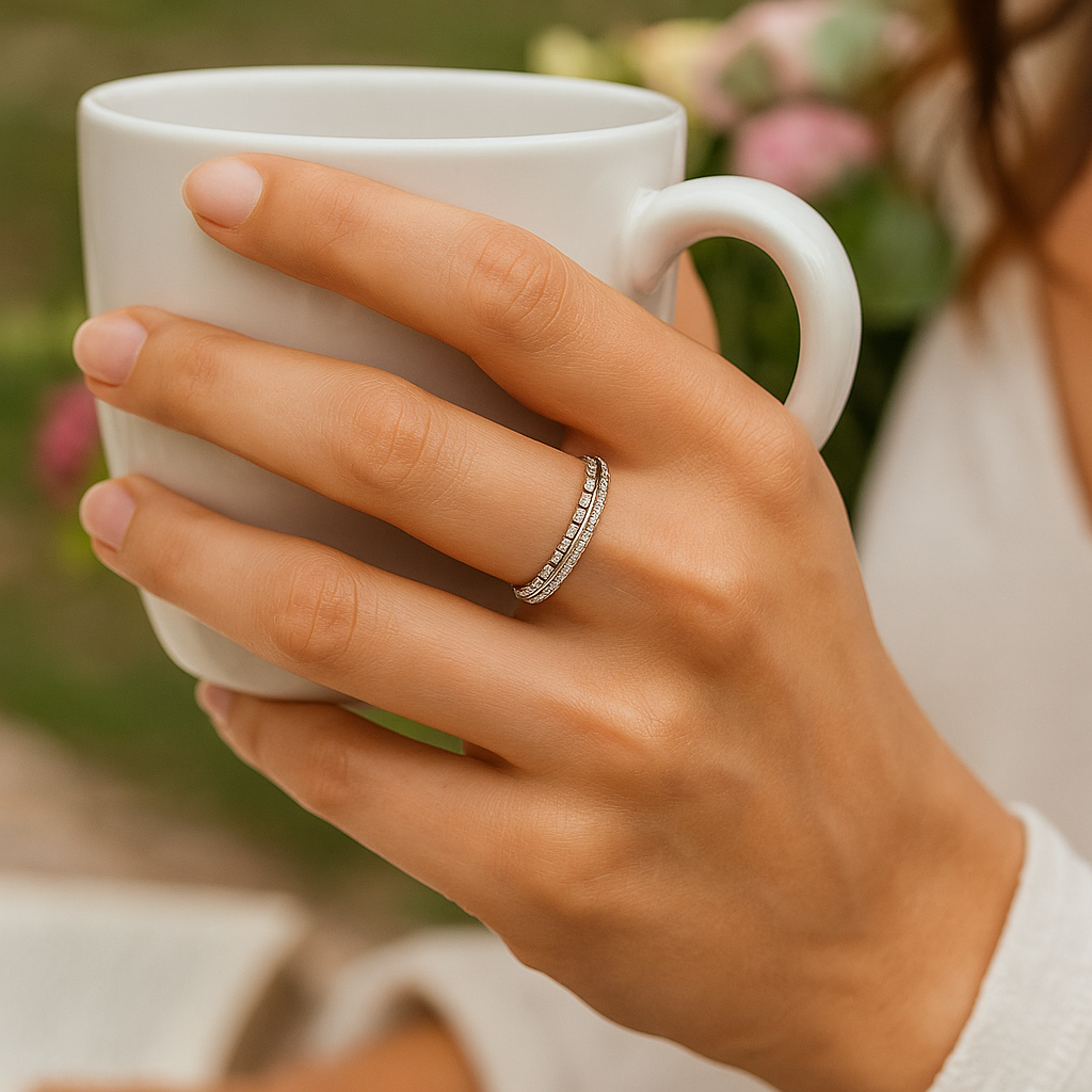 Stylish Leaf Pattern 925 Silver Band Ring with Zircon Stones