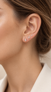 Baguette Round Solitaire Stud Earrings Set - Aaryahi Silver jewellery product photo