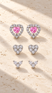 Pink Heart Halo, CZ Heart & Three Stone Stud Earrings Set - Aaryahi Silver jewellery product photo