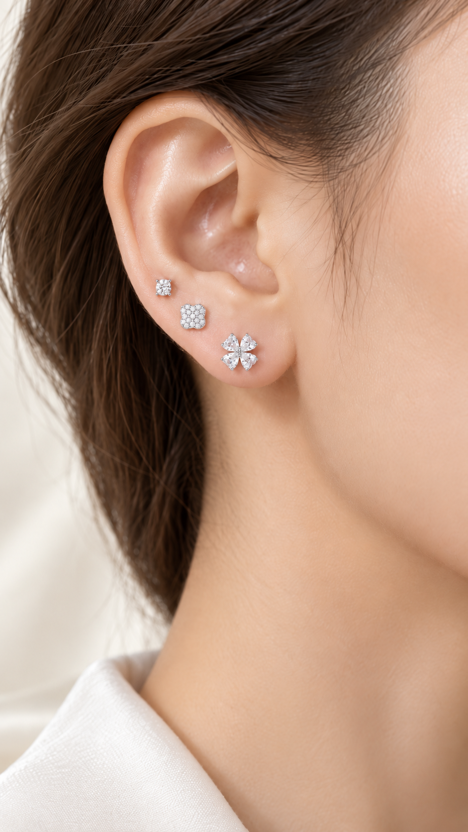 Four Heart Clover,Clover Solitaire Stud Earrings Set – 3 Pairs - Aaryahi Silver jewellery product photo