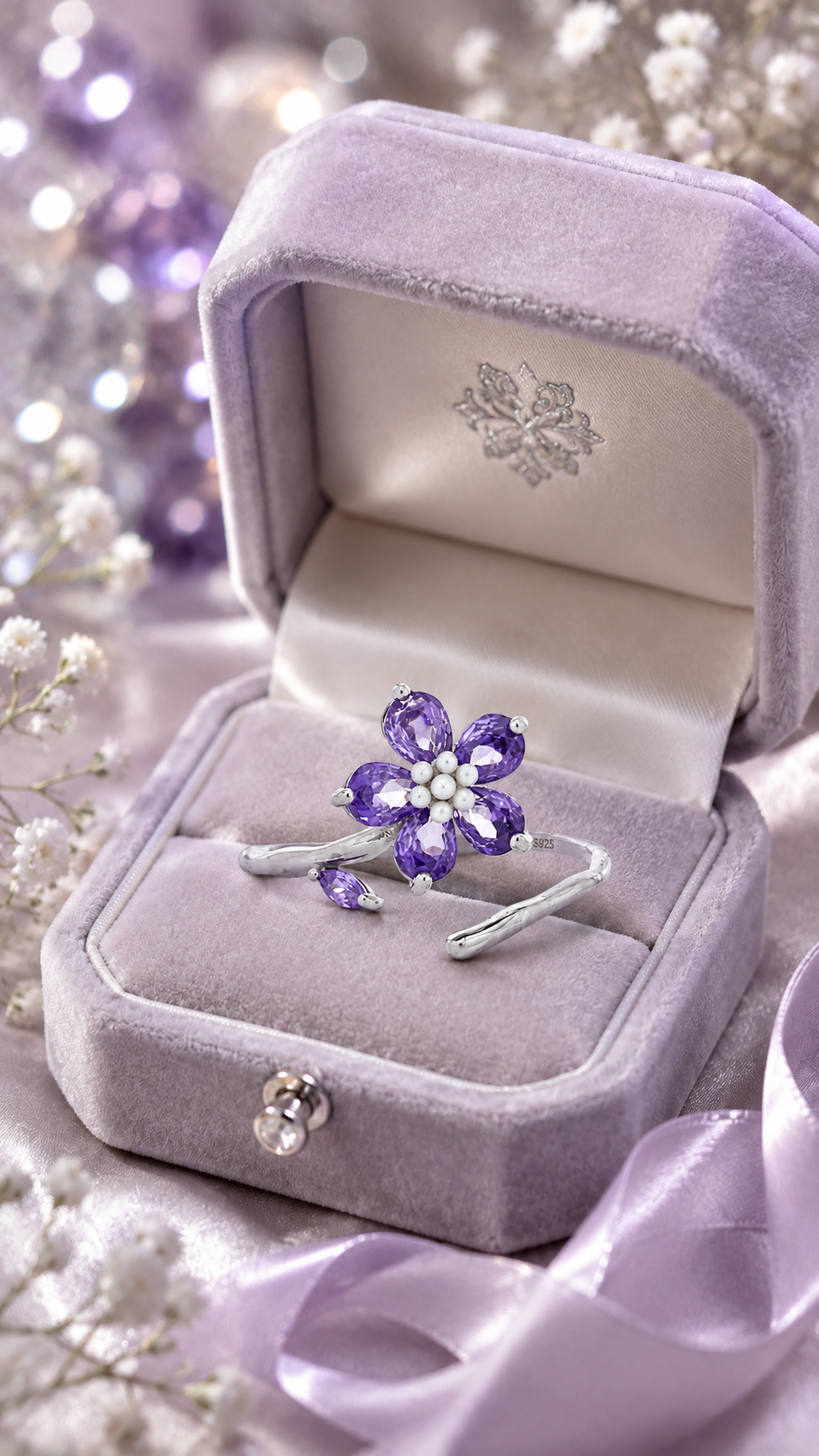 Pink Floral Pear-Cut Adjustable Open Ring