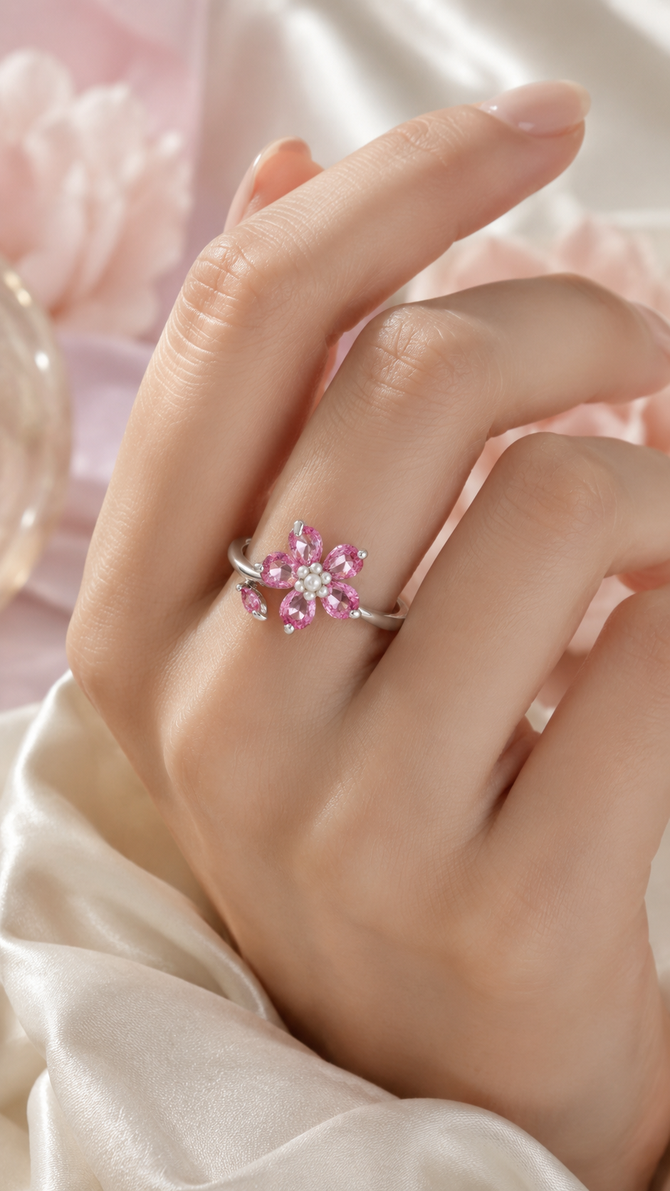 Pink Floral Pear-Cut Adjustable Open Ring