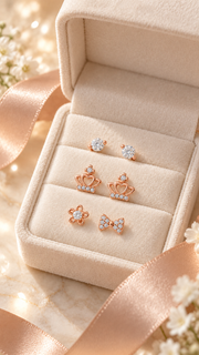 Solitaire, Crown Floral Bow Stud Earrings Set - Aaryahi Silver jewellery product photo