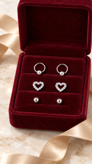 Beaded Hoop, CZ Open Heart & Ball Stud Earrings Set - Aaryahi Silver jewellery product photo