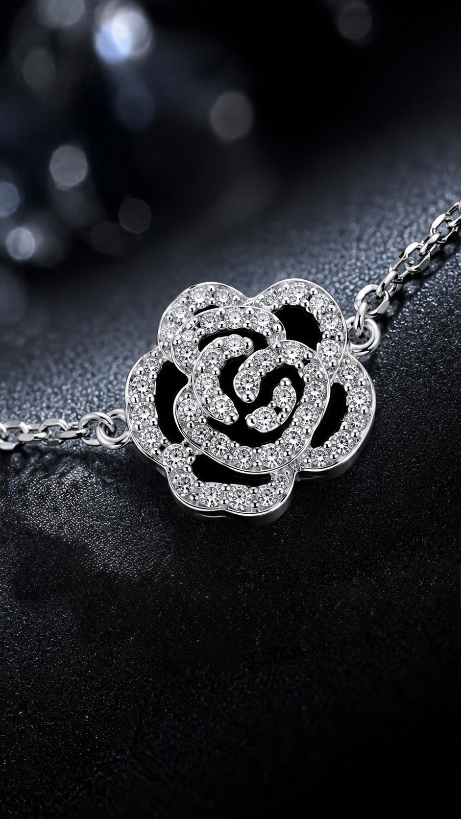 Silver Black Rose CZ Charm Bracelet