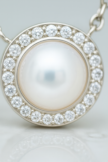 Round Pearl Zircon Pendant Necklace for Women 925 Silver Finish Elegant Daily and Party Wear Chain