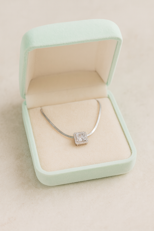 Square Solitaire Zircon Pendant Necklace for Women 925 Silver Finish Elegant Daily and Party Wear Chain