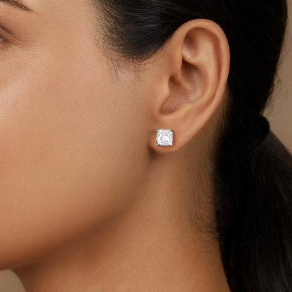 Princess-Cut Sparkling Solitaire Stud Earrings for Women | Elegant Daily Wear CZ Studs