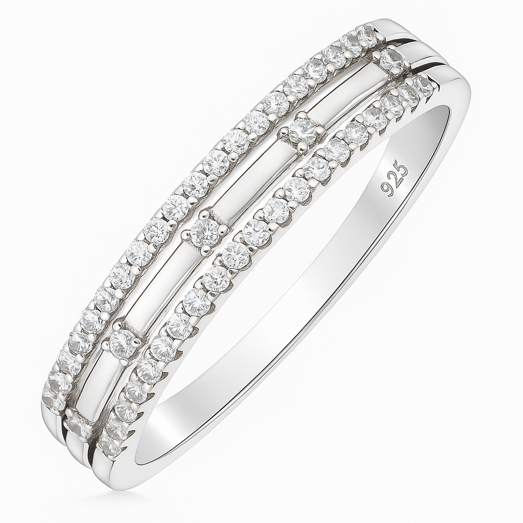 Double Row 925 Silver Ring with Round and Baguette Zircon Stones