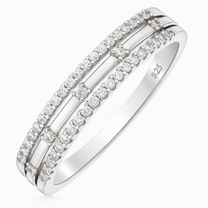 Double Row 925 Silver Ring with Round and Baguette Zircon Stones