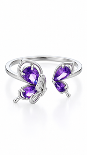 Silver Purple CZ Double Butterfly Adjustable Ring