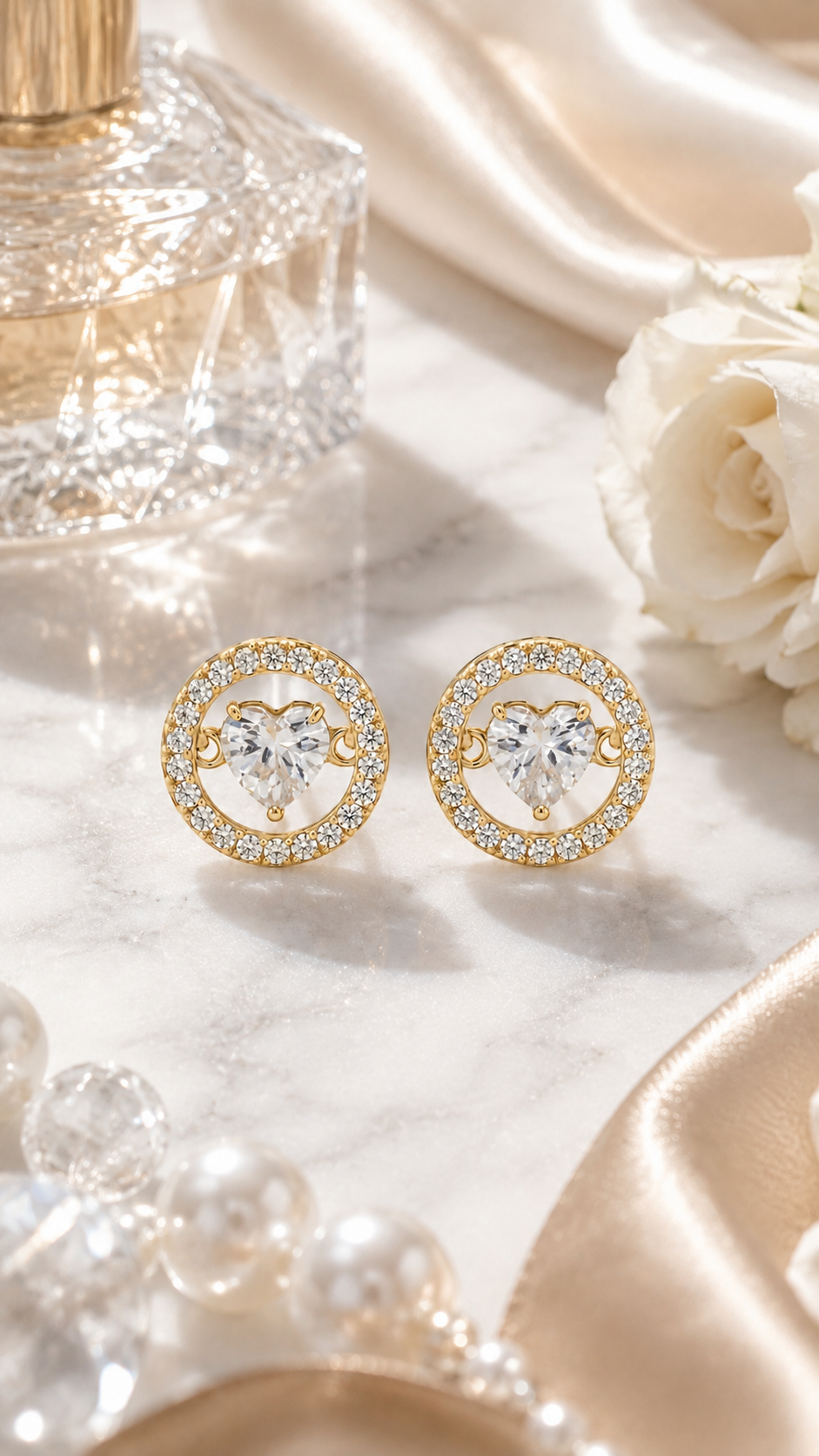 Elegant Gold Open Circle Heart Crystal Halo Stud Earrings