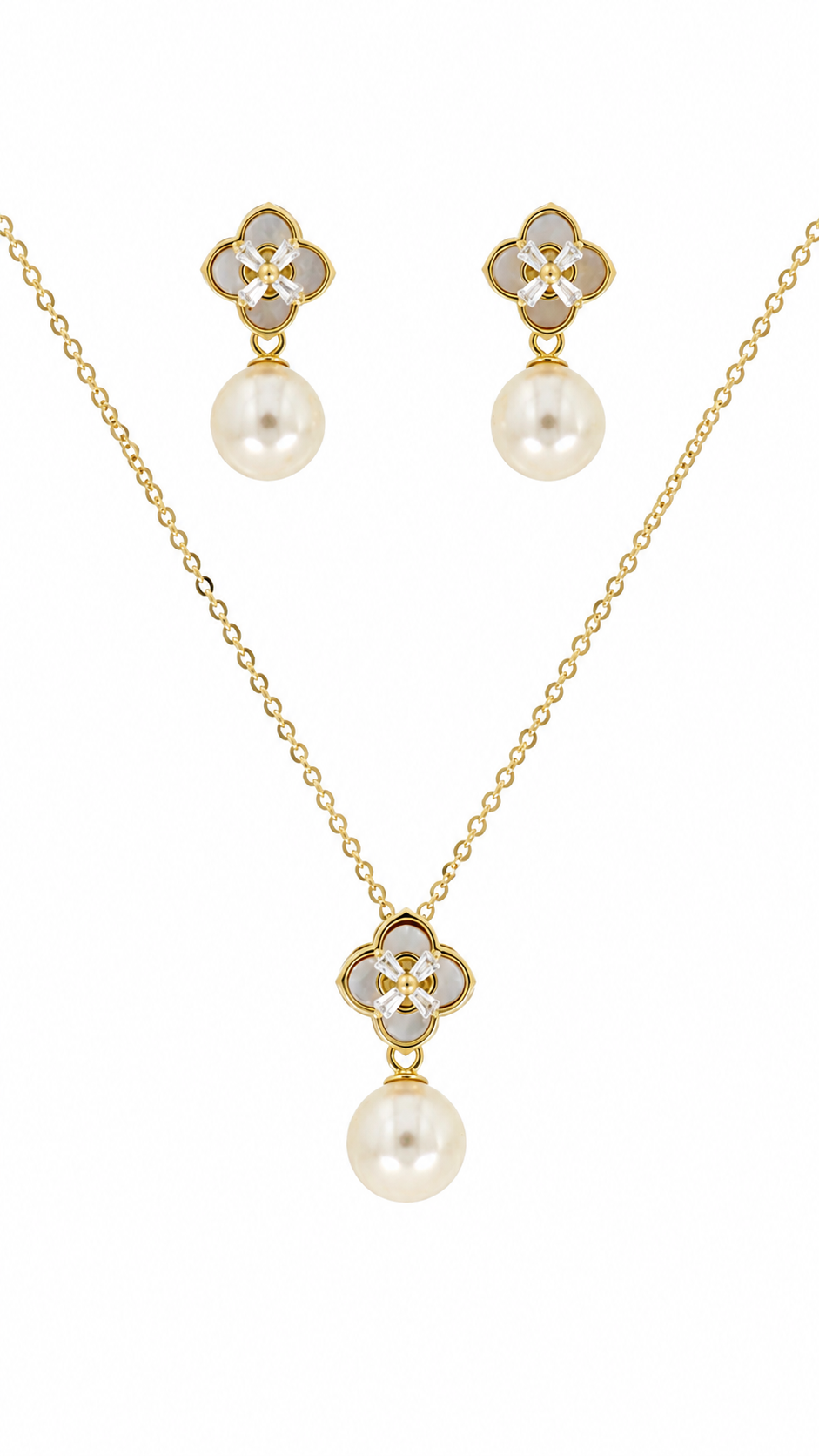 Elegant Gold Mother of Pearl Clover Pearl Drop Pendant Necklace & Earrings Jewelry Set