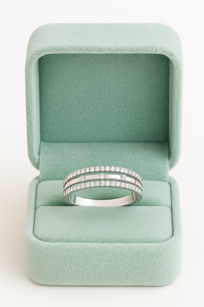 Double Row 925 Silver Ring with Round and Baguette Zircon Stones