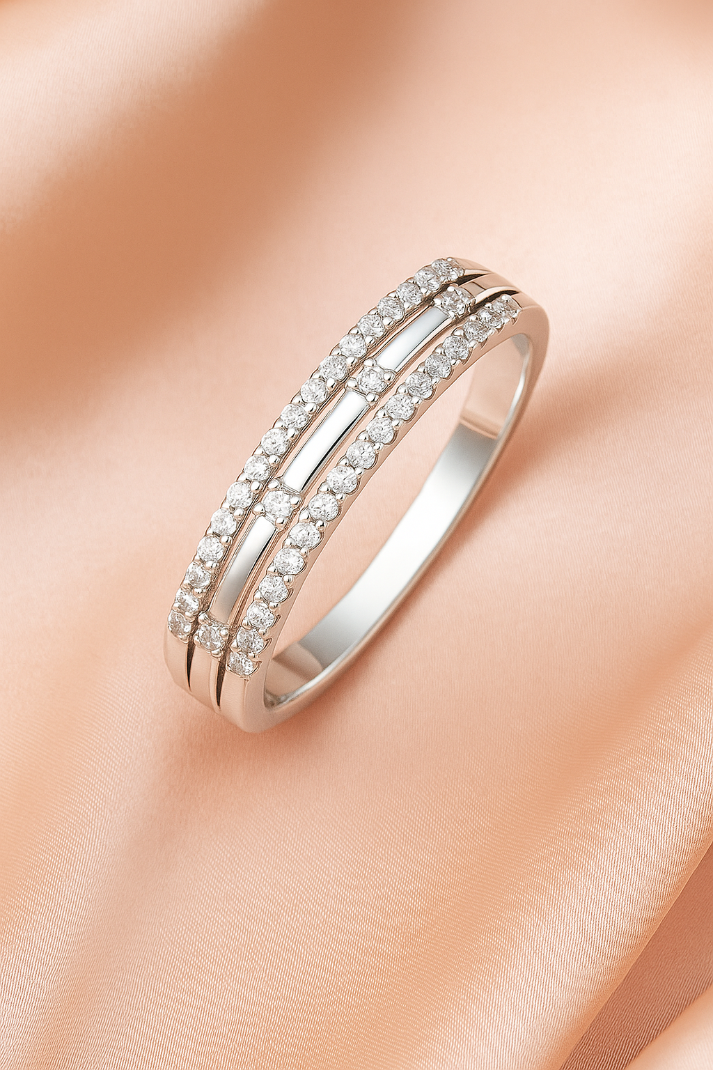 Double Row 925 Silver Ring with Round and Baguette Zircon Stones