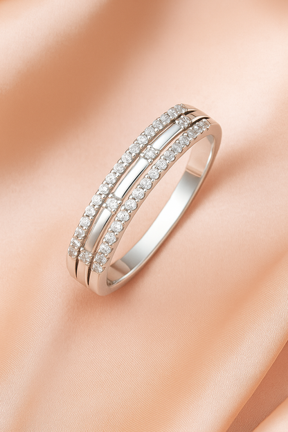 Double Row 925 Silver Ring with Round and Baguette Zircon Stones