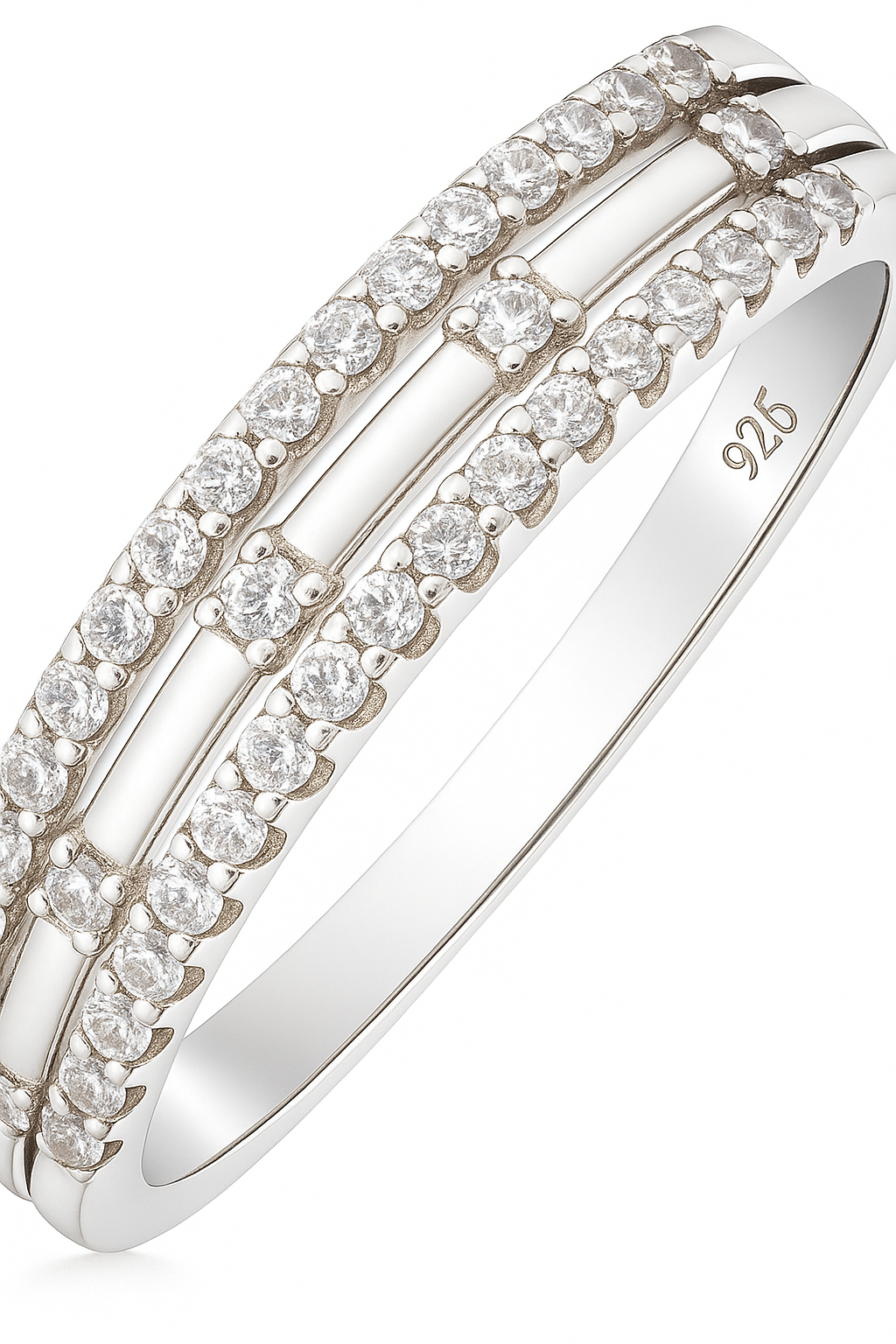 Double Row 925 Silver Ring with Round and Baguette Zircon Stones