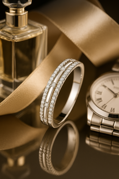 Double Row 925 Silver Ring with Round and Baguette Zircon Stones