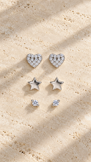Heart, Star & Solitaire Stud Earrings Set - Aaryahi Silver jewellery product photo