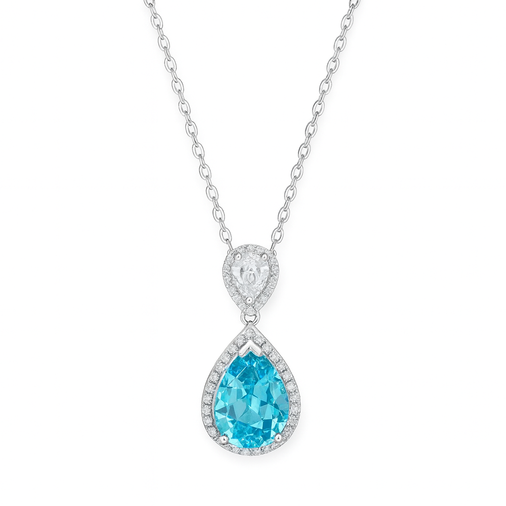 925 Silver Blue Teardrop Pendant Necklace for Women – Elegant CZ Halo Design
