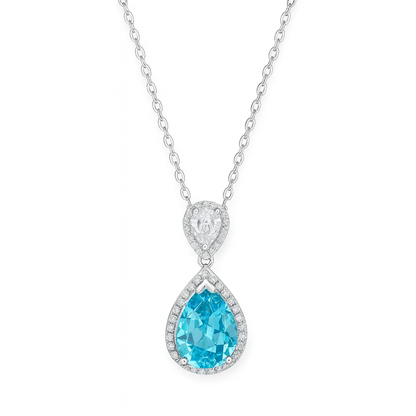 925 Silver Blue Teardrop Pendant Necklace for Women – Elegant CZ Halo Design