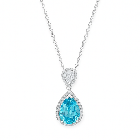 925 Silver Blue Teardrop Pendant Necklace for Women – Elegant CZ Halo Design