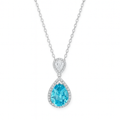 925 Silver Blue Teardrop Pendant Necklace for Women – Elegant CZ Halo Design