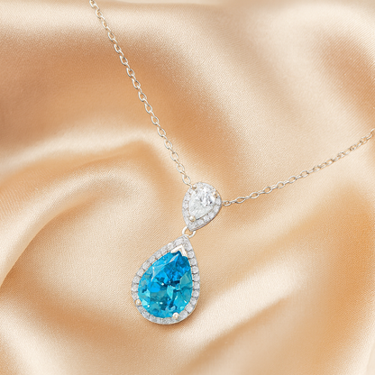 925 Silver Blue Teardrop Pendant Necklace for Women – Elegant CZ Halo Design