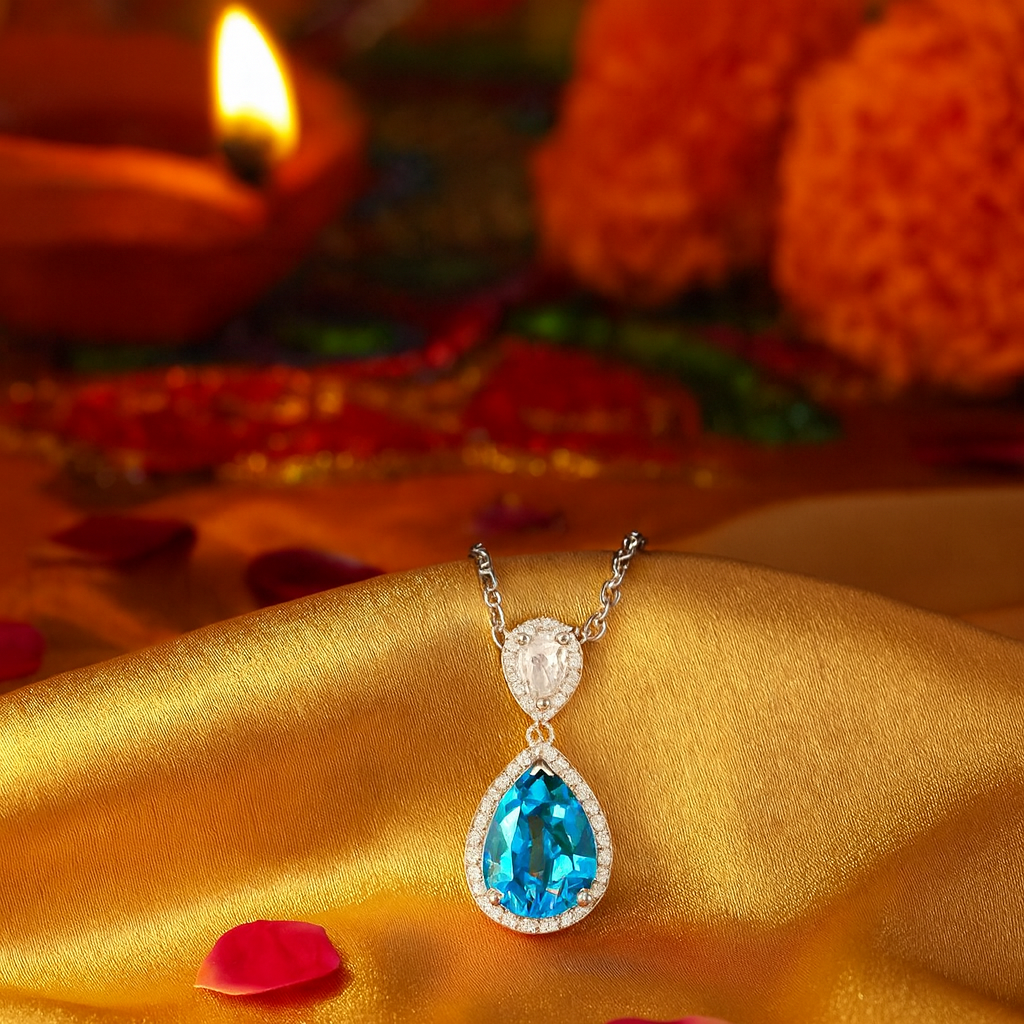 925 Silver Blue Teardrop Pendant Necklace for Women – Elegant CZ Halo Design