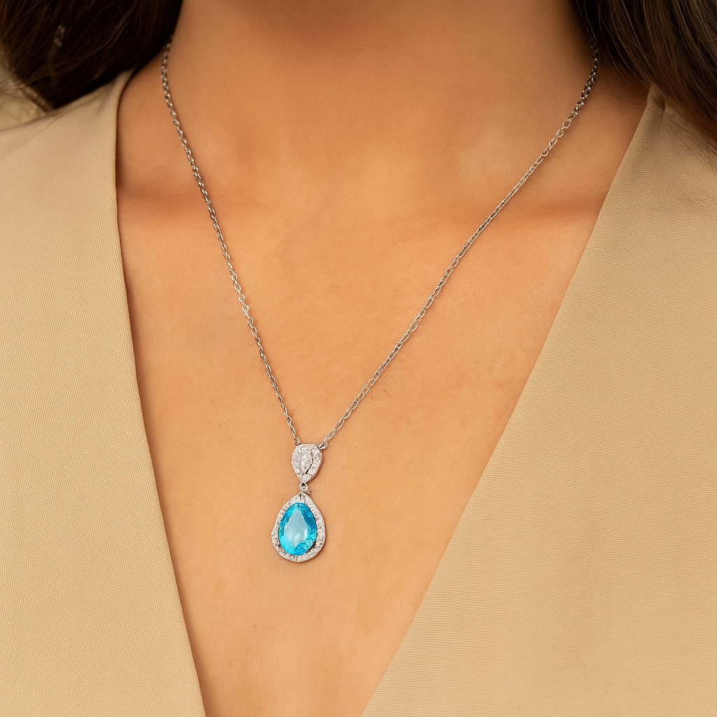 925 Silver Blue Teardrop Pendant Necklace for Women – Elegant CZ Halo Design