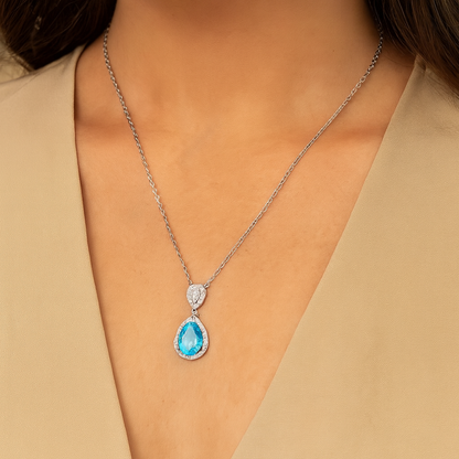 925 Silver Blue Teardrop Pendant Necklace for Women – Elegant CZ Halo Design