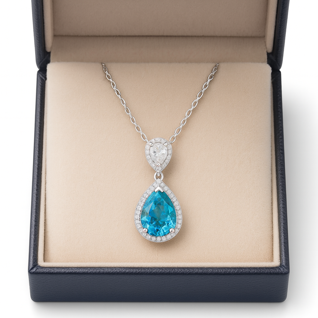 925 Silver Blue Teardrop Pendant Necklace for Women – Elegant CZ Halo Design