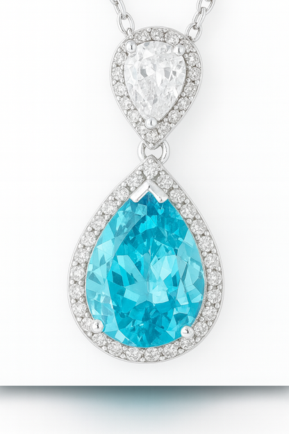 925 Silver Blue Teardrop Pendant Necklace for Women – Elegant CZ Halo Design