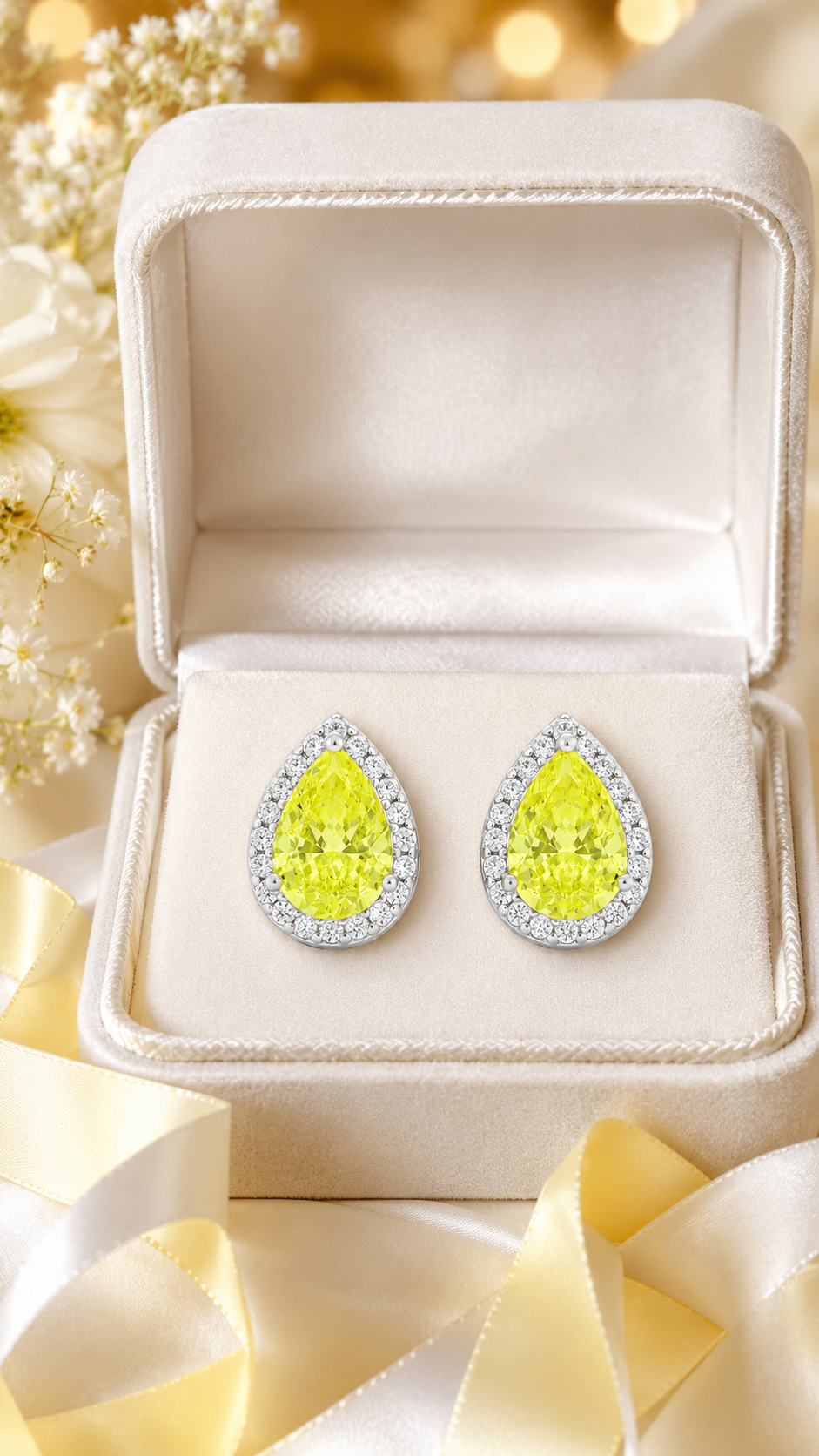 Halo Pear Cut Yellow Crystal Earrings