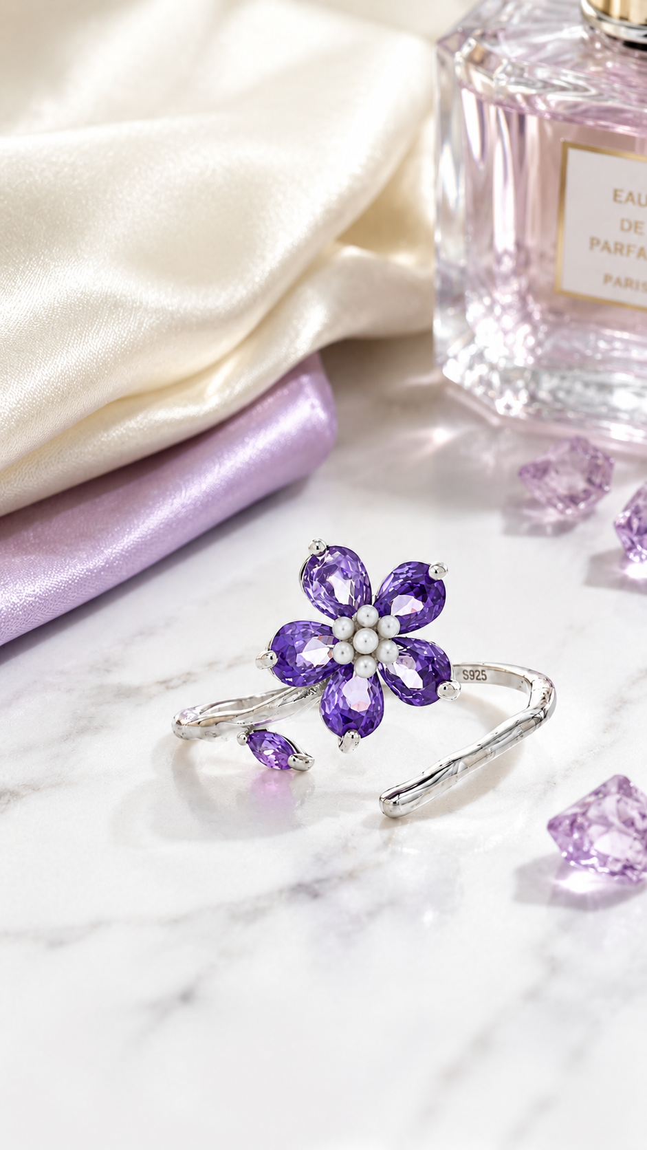 Pink Floral Pear-Cut Adjustable Open Ring