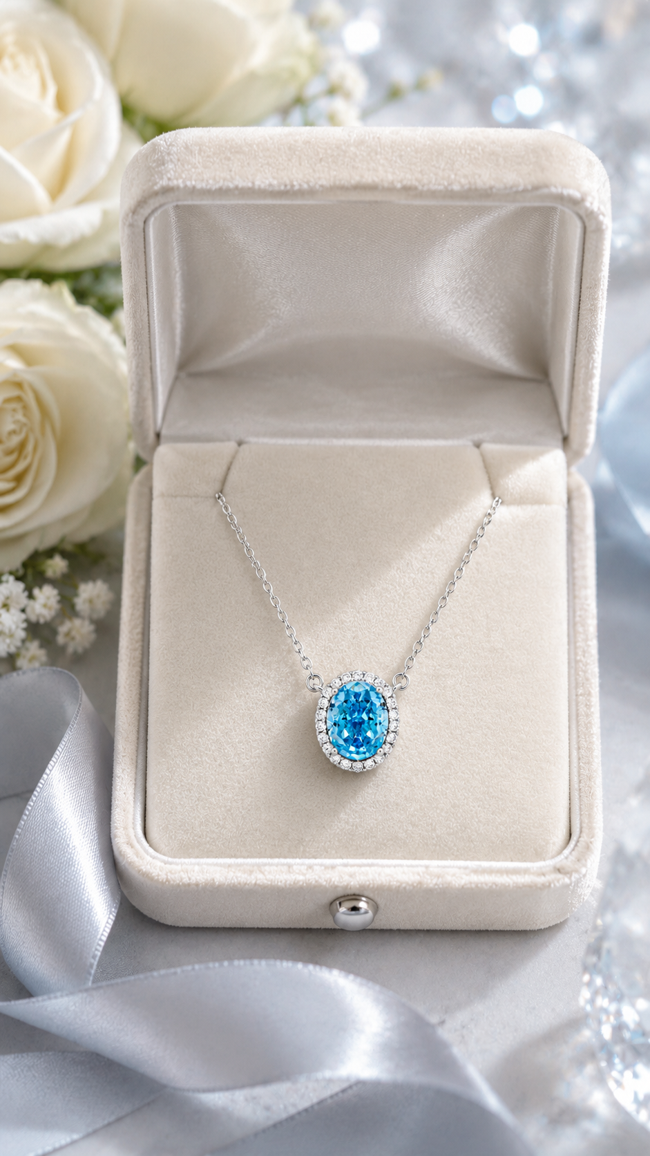 Elegant Silver Oval Blue Halo CZ Pendant Necklace