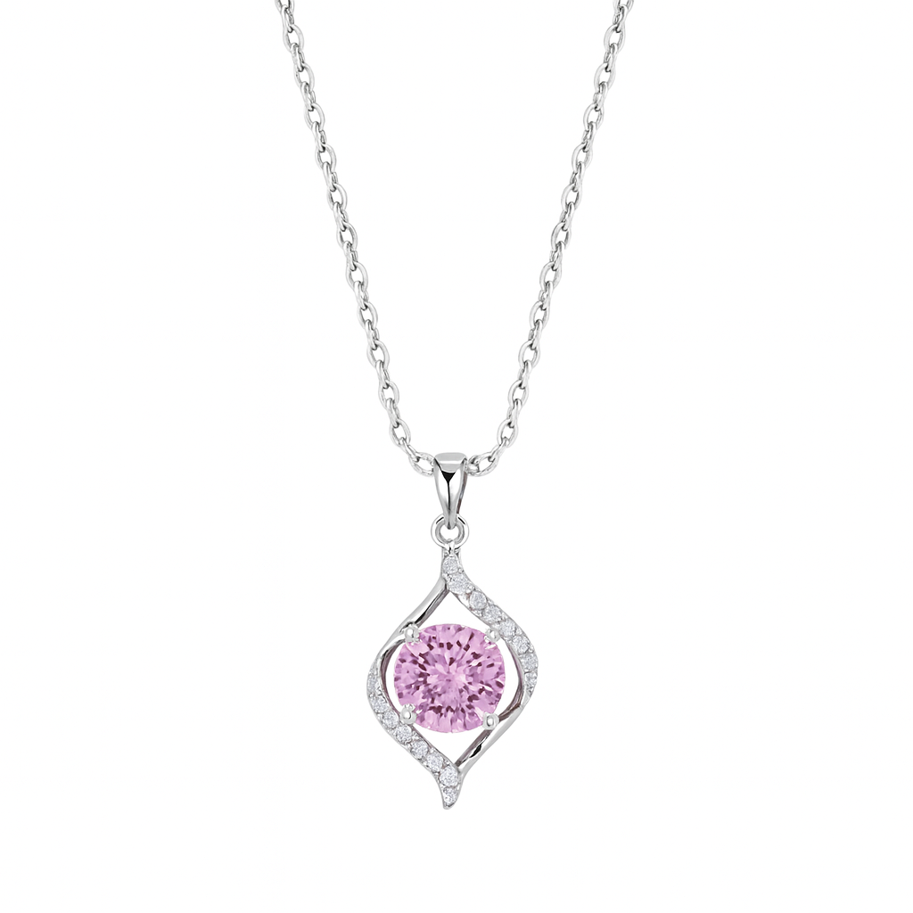 925 Silver Pink Solitaire Pendant Necklace for Women – Elegant CZ Crystal Charm