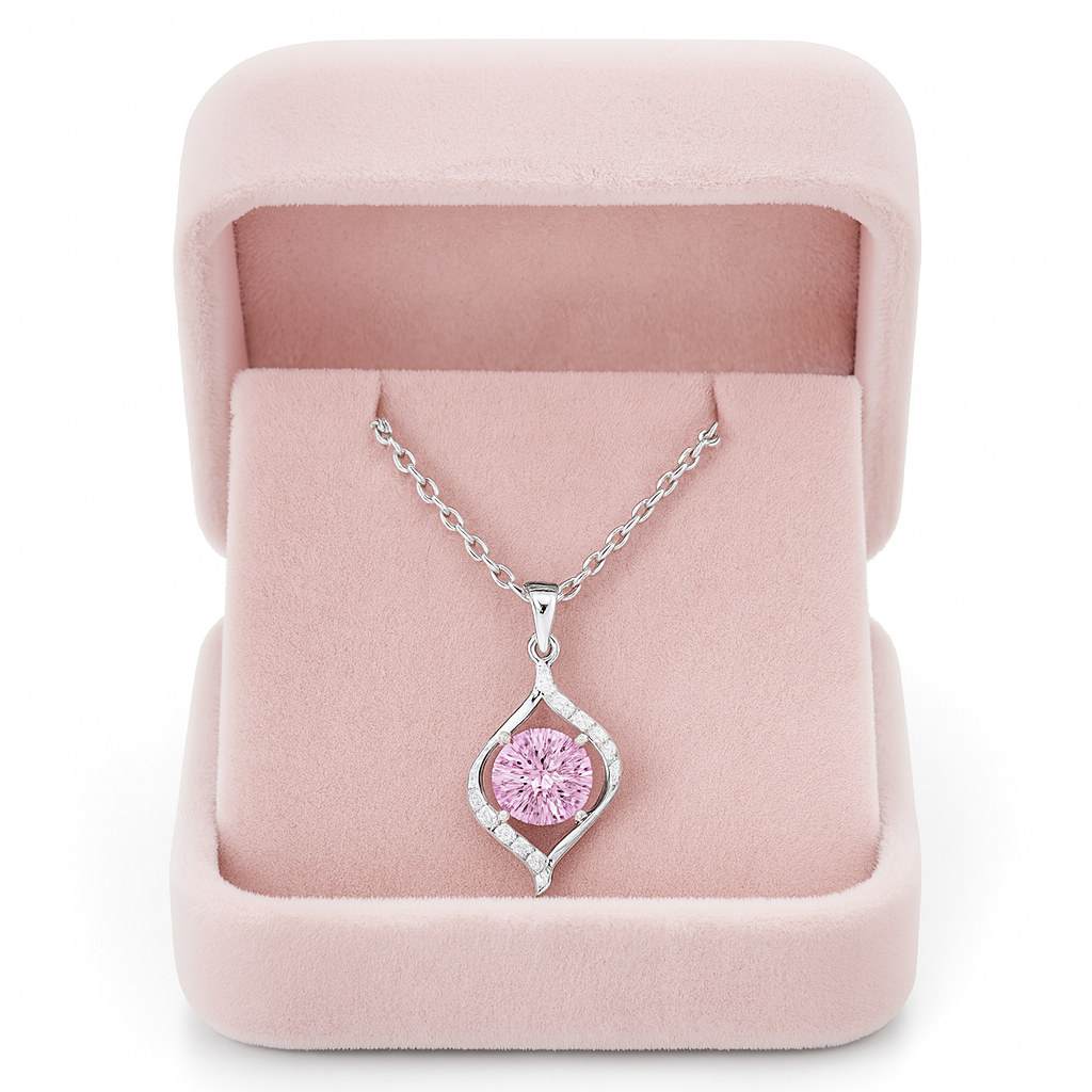 925 Silver Pink Solitaire Pendant Necklace for Women – Elegant CZ Crystal Charm