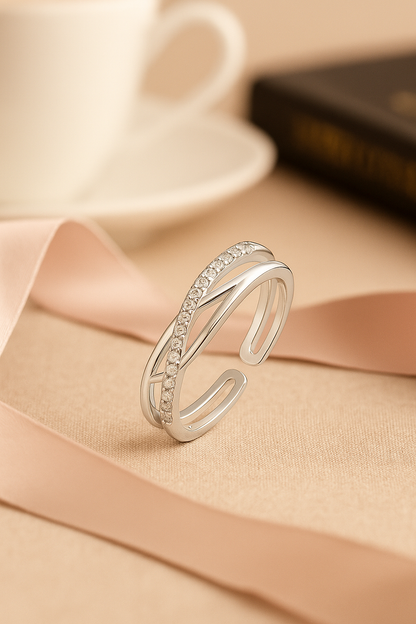 Elegant Adjustable Silver Zircon Ring for Women – Stylish Open Design Finger Ring for Daily & Party Wear