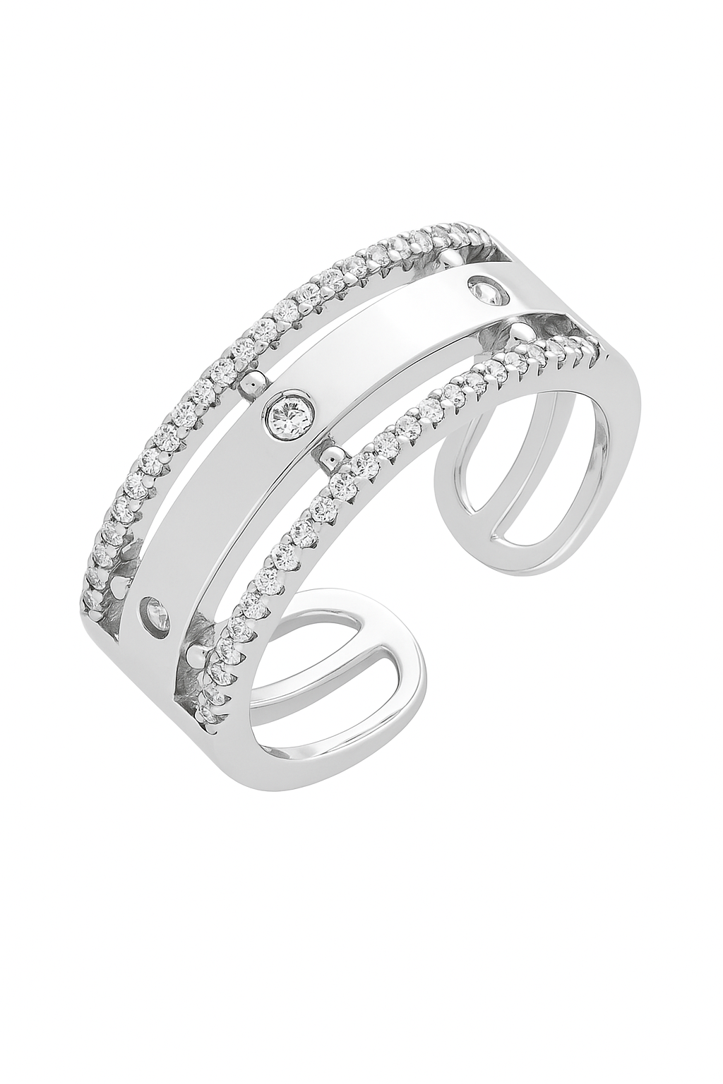 Trendy Dual Band Adjustable Silver Zircon Ring for Women – Modern Open Finger Ring for Party & Daily Wear