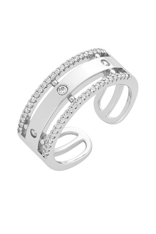 Trendy Dual Band Adjustable Silver Zircon Ring for Women – Modern Open Finger Ring for Party & Daily Wear