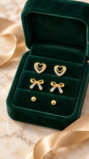 Gold CZ Heart, Bow & Ball Stud Earrings Set - Aaryahi Silver jewellery product photo