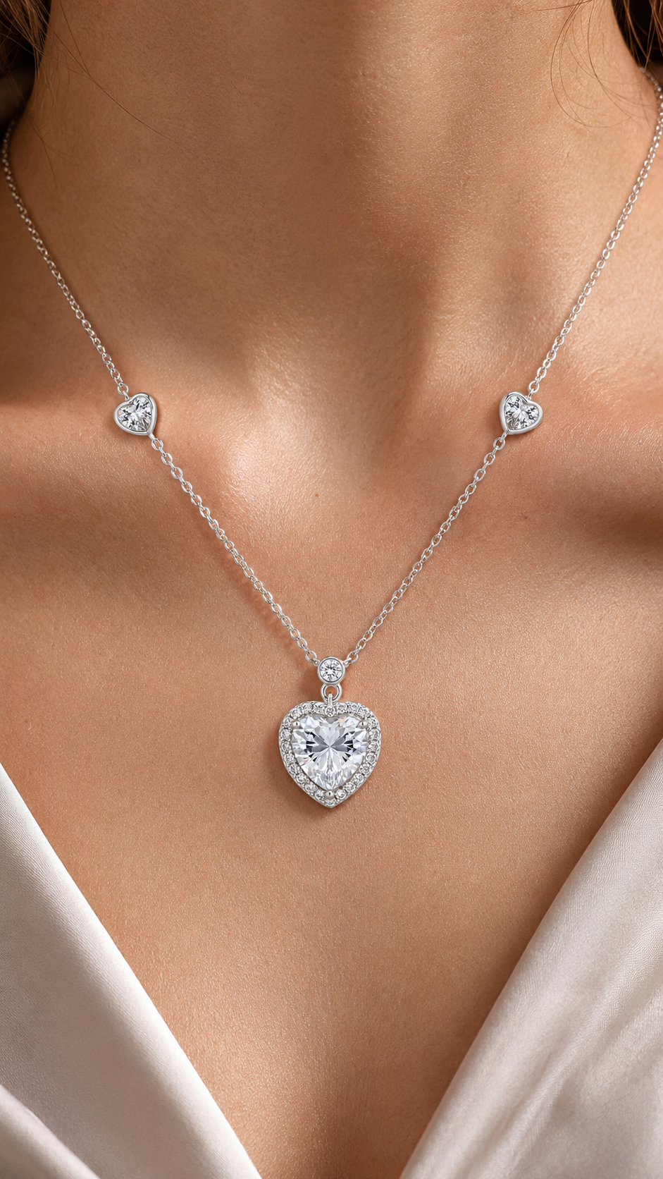 Elegant Silver Heart Halo Pendant Necklace