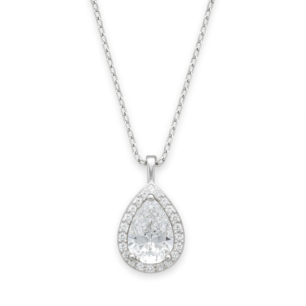 925 Silver Teardrop Pendant Necklace for Women – Elegant Halo CZ Crystal Design
