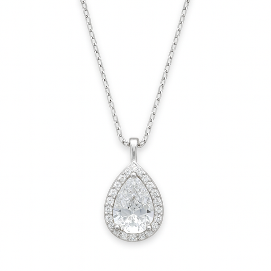 925 Silver Teardrop Pendant Necklace for Women – Elegant Halo CZ Crystal Design