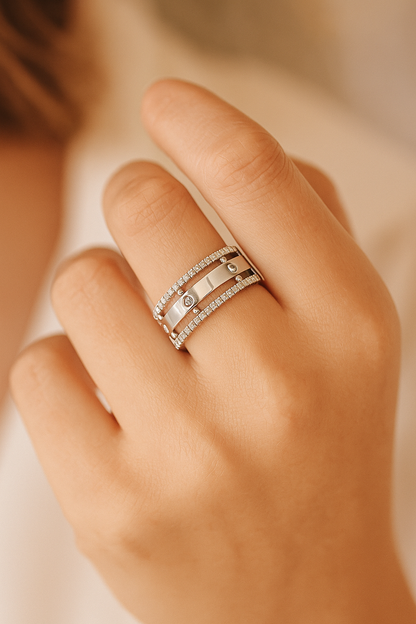 Trendy Dual Band Adjustable Silver Zircon Ring for Women – Modern Open Finger Ring for Party & Daily Wear