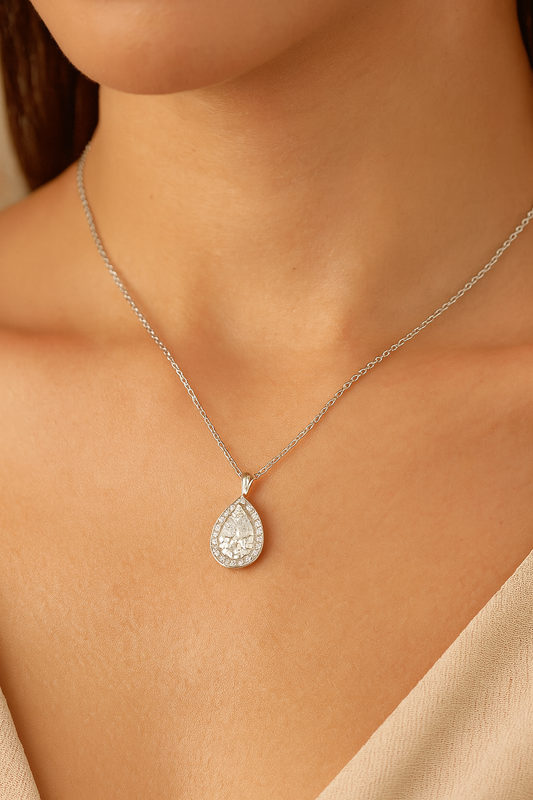 925 Silver Teardrop Pendant Necklace for Women – Elegant Halo CZ Crystal Design