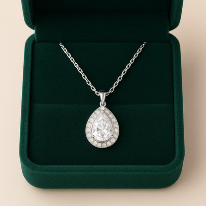 925 Silver Teardrop Pendant Necklace for Women – Elegant Halo CZ Crystal Design