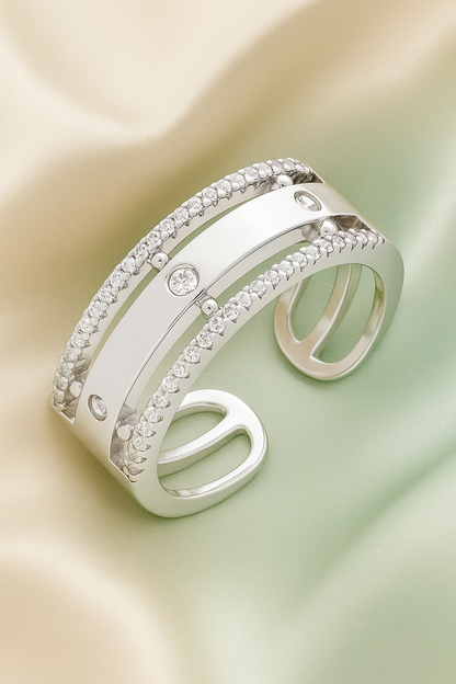 Trendy Dual Band Adjustable Silver Zircon Ring for Women – Modern Open Finger Ring for Party & Daily Wear